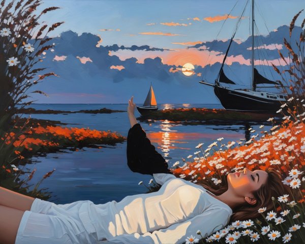 Woman in a field of flowers by a sunset lake