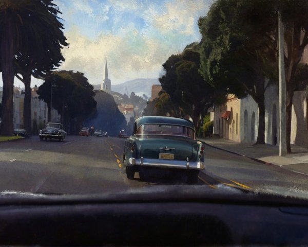 Vintage Car on Tree-Lined Street in Nostalgic Setting