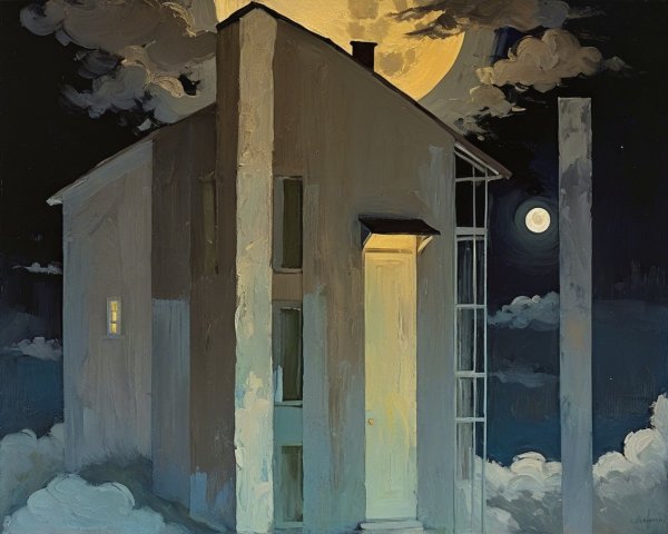 Surreal Painting of Minimalist House Under Moonlight