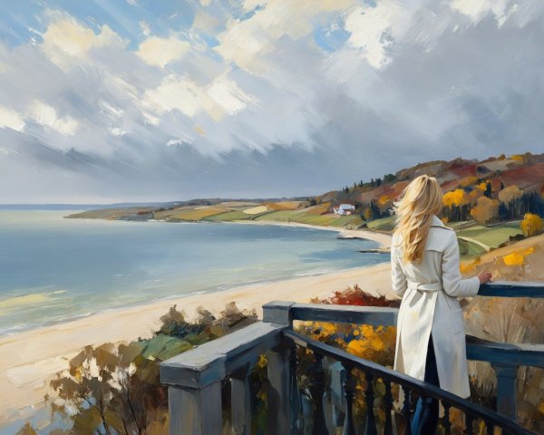 Impressionist Digital Painting of Woman Overlooking Coastline
