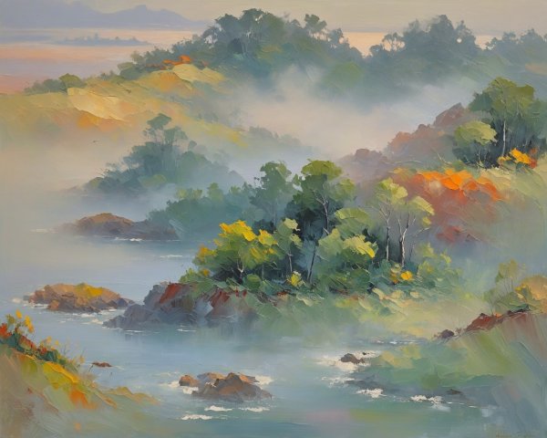 Misty Waterscape with Rolling Hills and Mountains