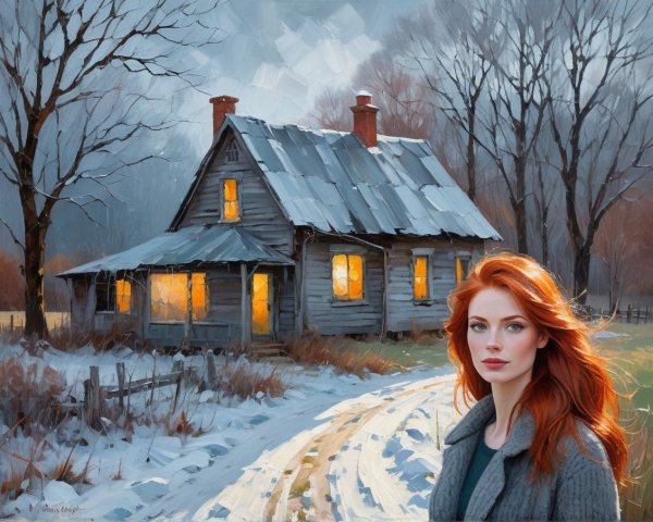 Rustic cabin in serene winter landscape with woman
