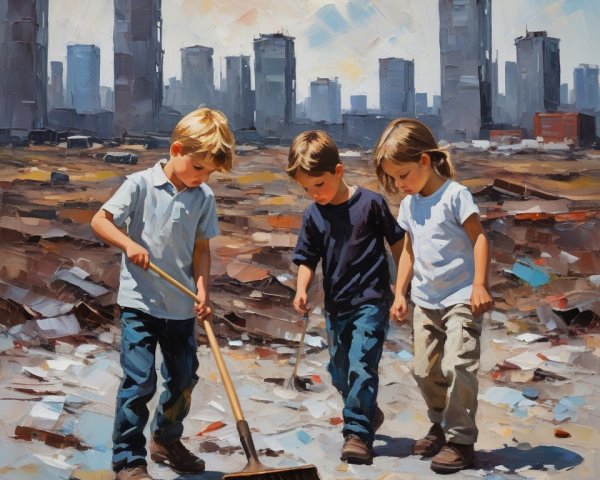 Children Cleaning Debris in Urban Landscape