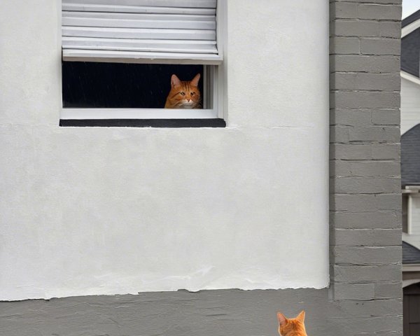Orange Cats in Playful Standoff on Roof and Window