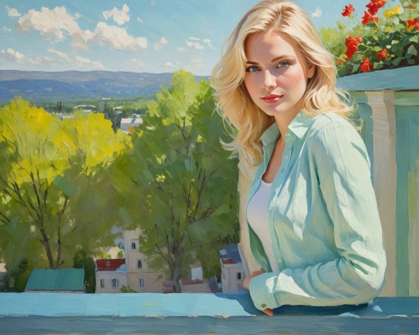 Blond Woman on Balcony with Impressionistic Landscape
