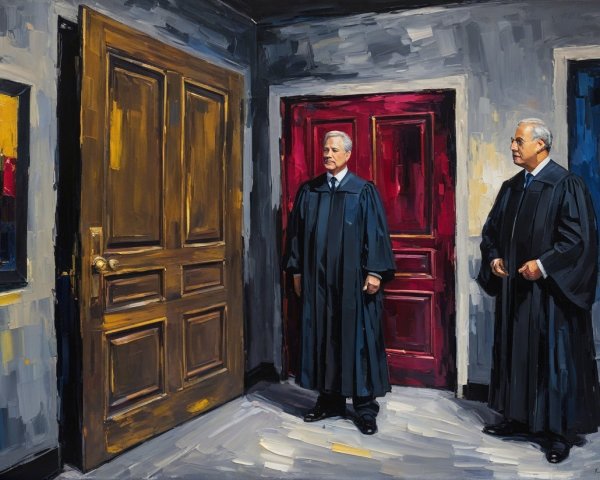 Judicial Figures in Hallway with Contrasting Doors