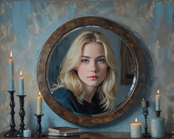 Serene Portrait of Young Woman with Mirror and Candles