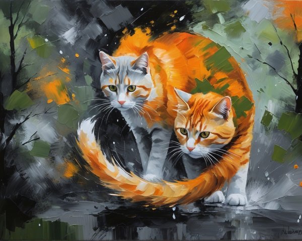 Vibrant Artwork of Two Playful Orange Cats