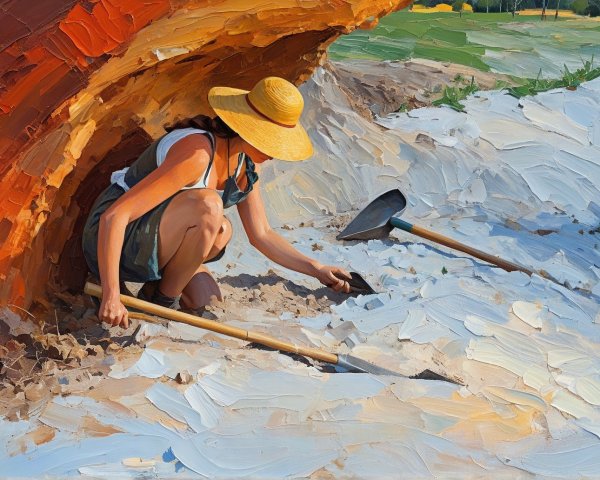 Vibrant Oil Painting of Woman Digging in Soil