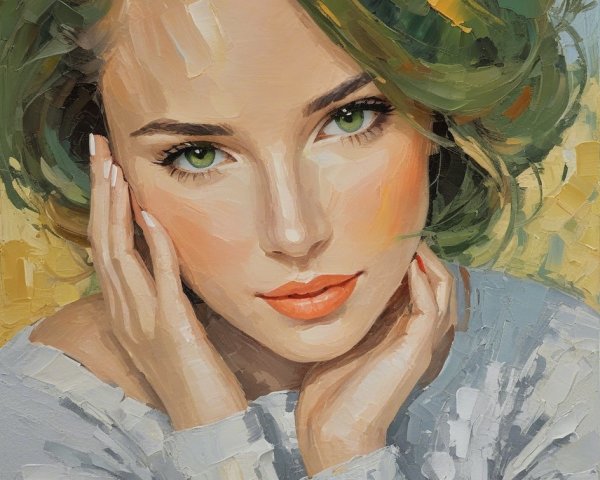 Portrait of a Young Woman with Green Hair and Eyes