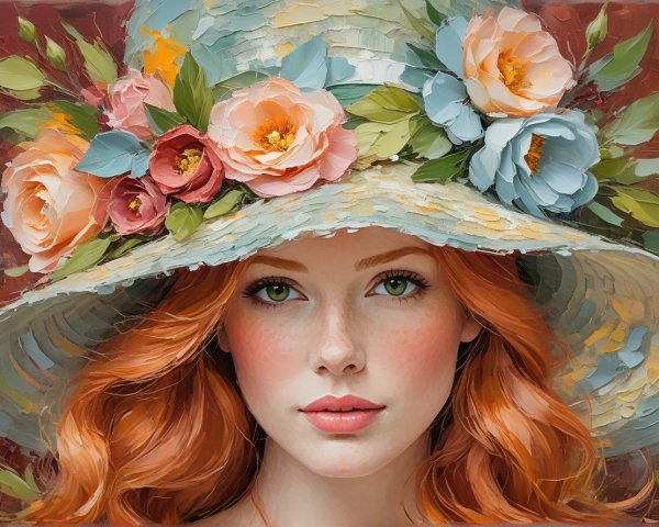 Young woman with red hair and decorative straw hat