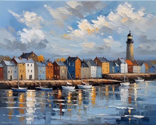 Coastal Scene with Lighthouse and Vibrant Village