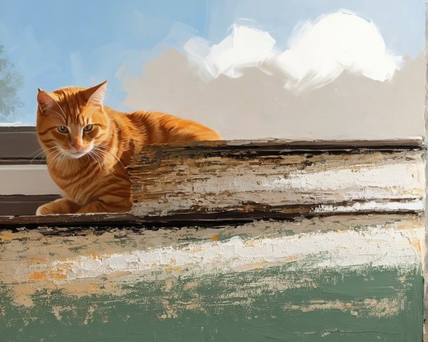 Orange Tabby Cat on Weathered Windowsill with Sky