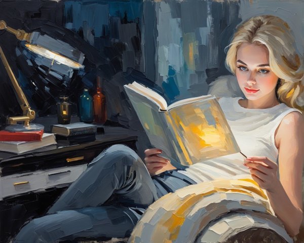 Cozy Reading Scene with Young Woman in Armchair