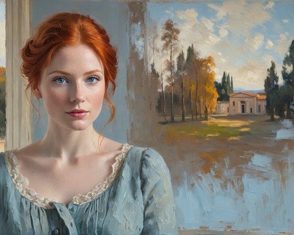 Young Woman with Red Hair in Serene Landscape Setting