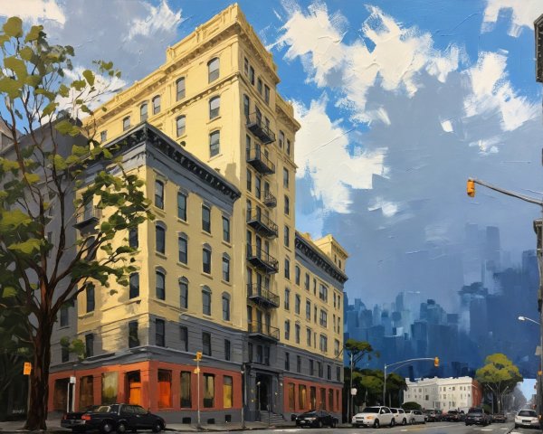 City Corner with Light-Yellow and Blue Trim Buildings