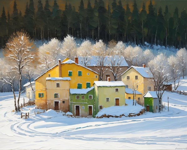 Winter Village Scene with Colorful Houses and Snow