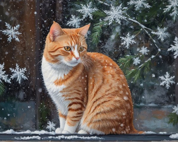Tabby Cat on Snowy Windowsill with Winter View