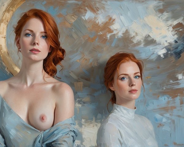 Painting of a Woman with Long Red Hair and Blue Background