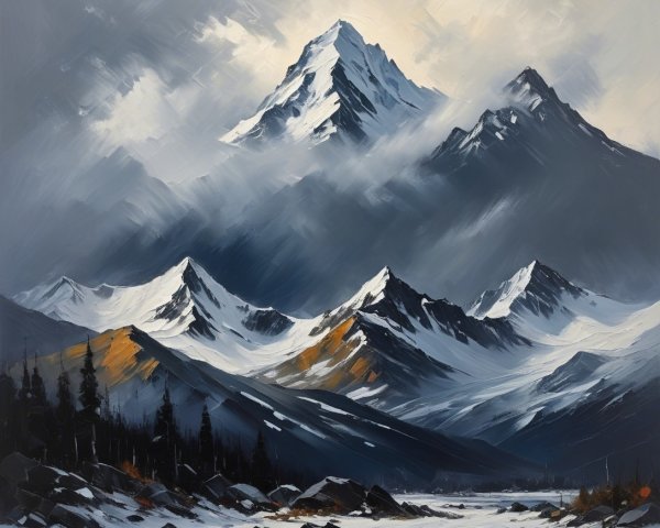 Dramatic Landscape with Snow-Capped Mountains and River