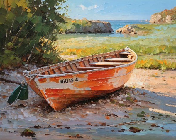 Vibrant Orange Boat on Sandy Shoreline with Foliage