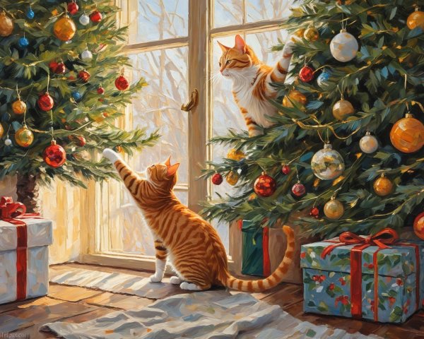 Ginger Tabby Cats with Christmas Trees in Cozy Room