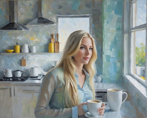 Realistic Oil Painting of a Thoughtful Blonde Woman
