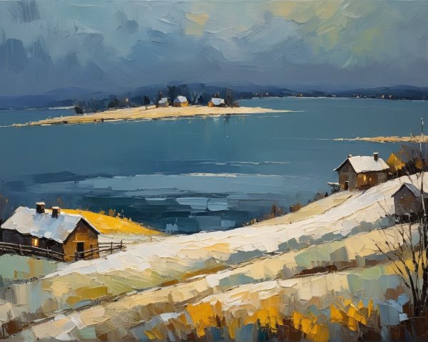 Serene Winter Landscape with Snowy Hills and Houses