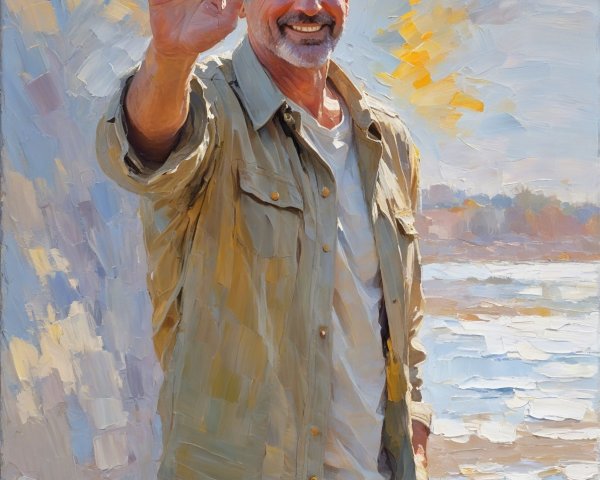 Impressionistic Painting of a Smiling Senior Man at Beach