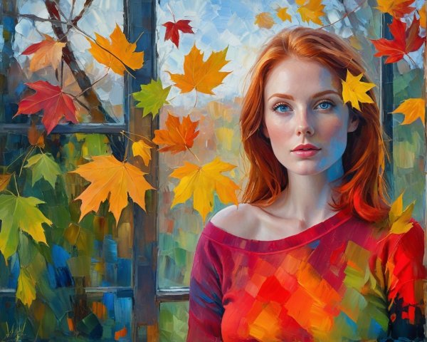 Portrait of a Young Woman with Red Hair in Autumn