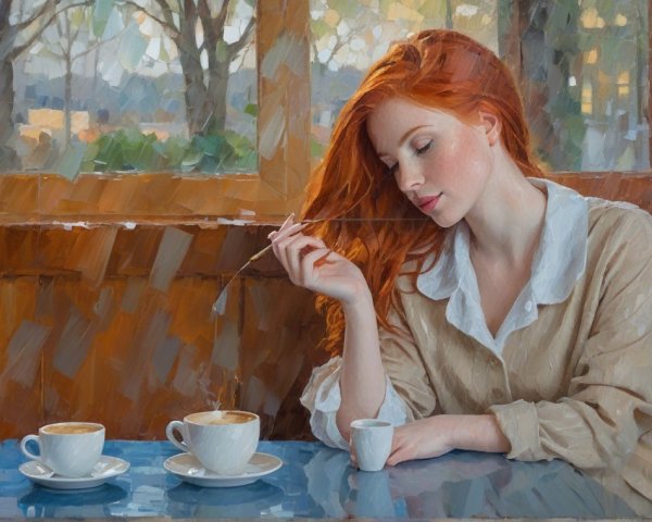 Young woman with red hair in a café setting