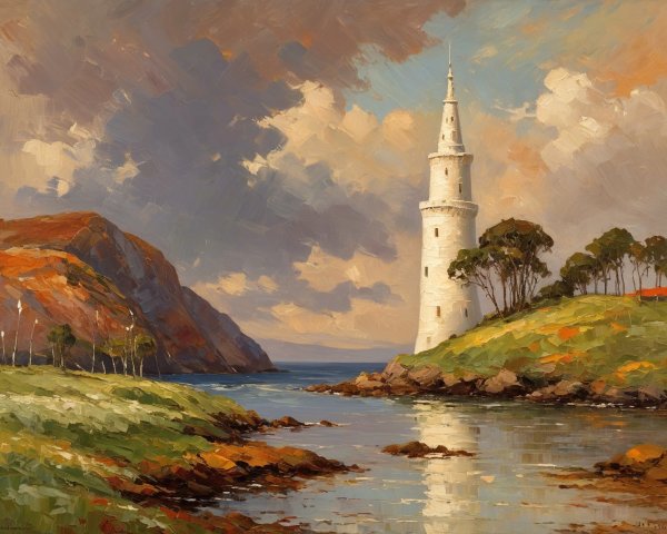 Impressionist Painting of Lighthouse and Mountain Landscape