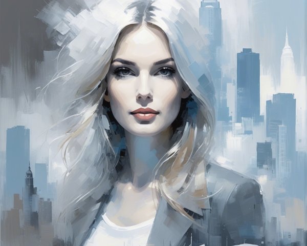 Portrait of a Woman with Blonde Hair and Cityscape
