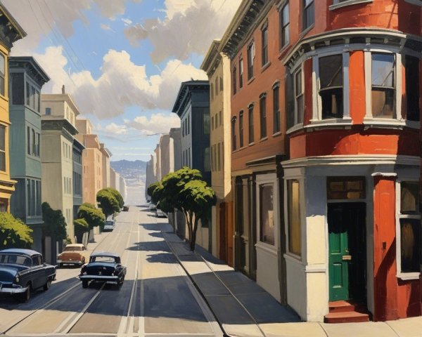 Vibrant City Scene with Colorful Buildings and Classic Cars