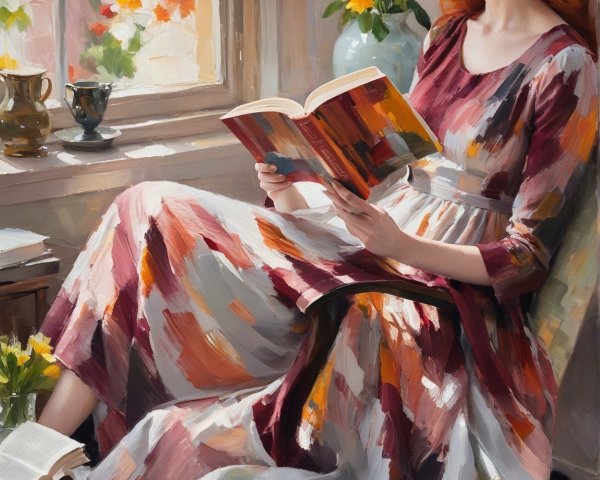 Elegant Red-Haired Woman Reading in Impasto Oil Painting