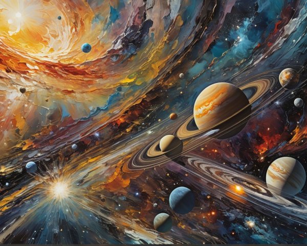 Vibrant Cosmic Scene with Swirling Galaxy and Planets