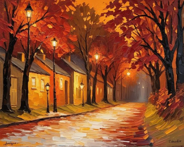 Serene Autumn Street Scene with Warm Street Lamps