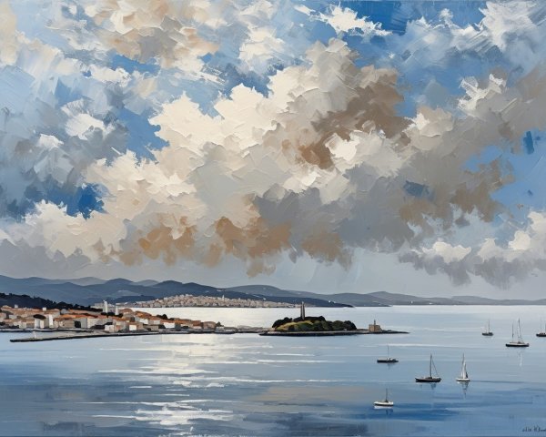 Serene Coastal Harbor with Sailboats and Lighthouse