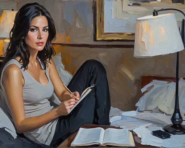 Woman Writing in Notebook on Bed with Warm Lighting