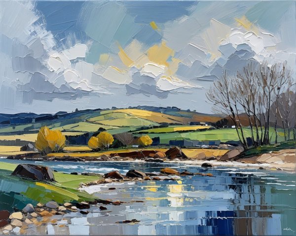 Vibrant Landscape with River and Lush Green Fields