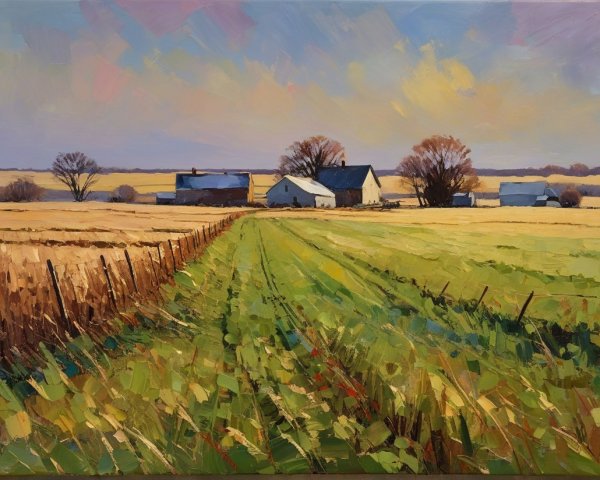 Vibrant Landscape Painting of Serene Countryside Scene