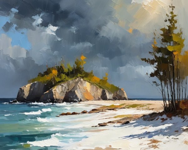 Serene Coastal Landscape with Autumn Colors and Waves