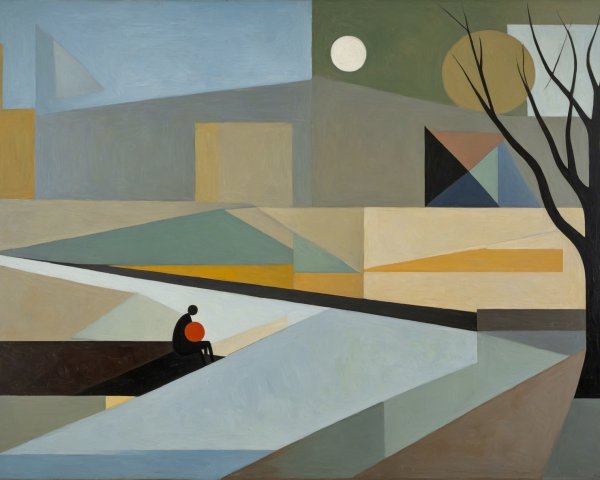 Cubist Oil Painting of Figure with Red Ball and Landscape