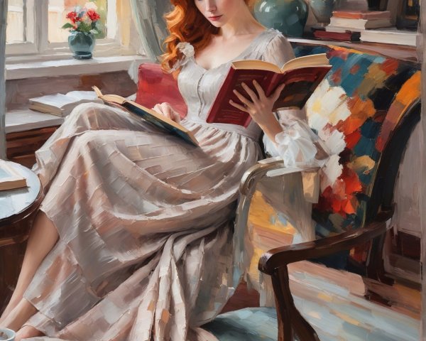Vibrant Oil Painting of Woman Reading by a Window