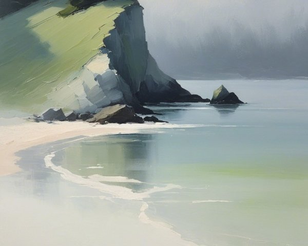 Coastal Scene with Tree Overlooking Misty Shoreline