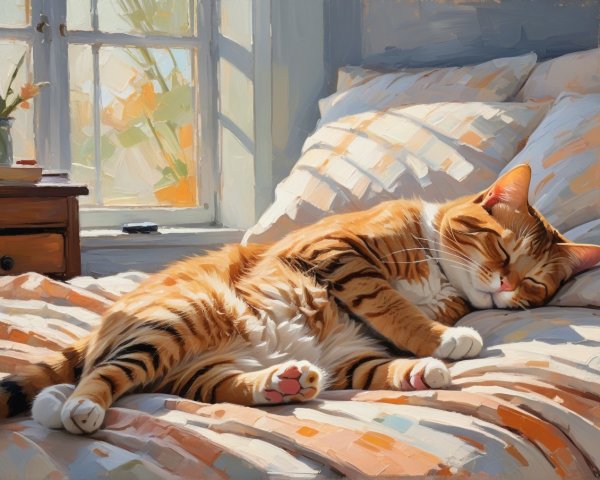 Sleeping Orange Tabby Cat on Sunlit Bed