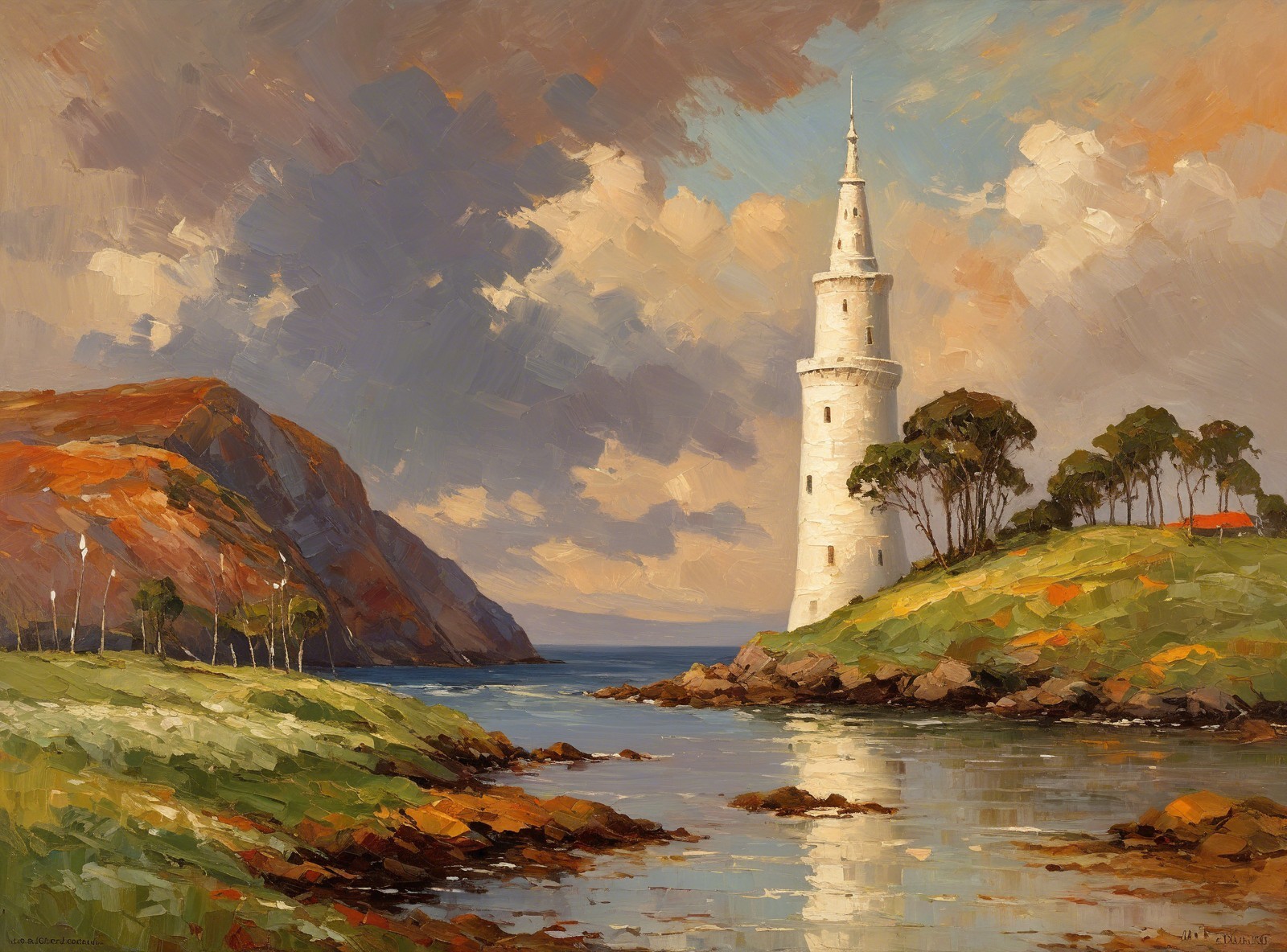 Impressionist Painting of Lighthouse and Mountain Landscape