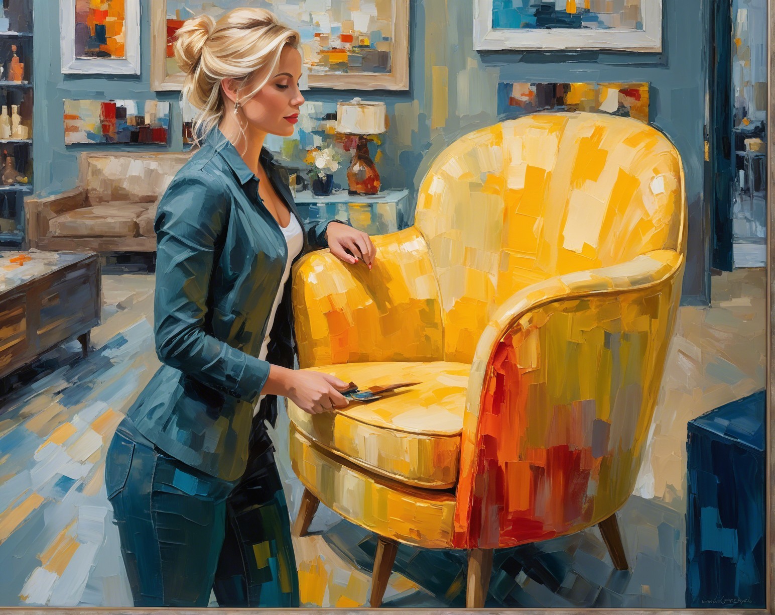 Vibrant Oil Painting of Woman in Art Studio Setting