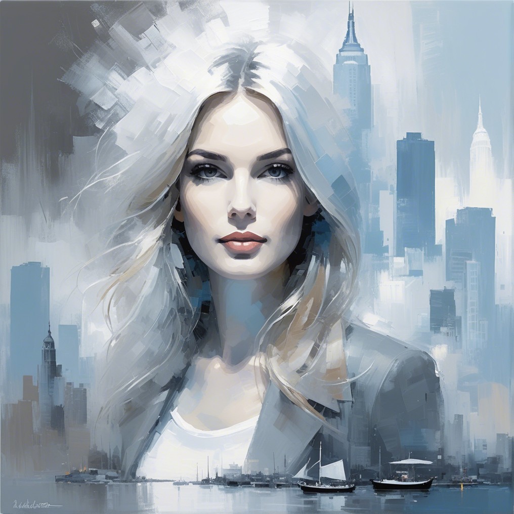 Portrait of a Woman with Blonde Hair and Cityscape