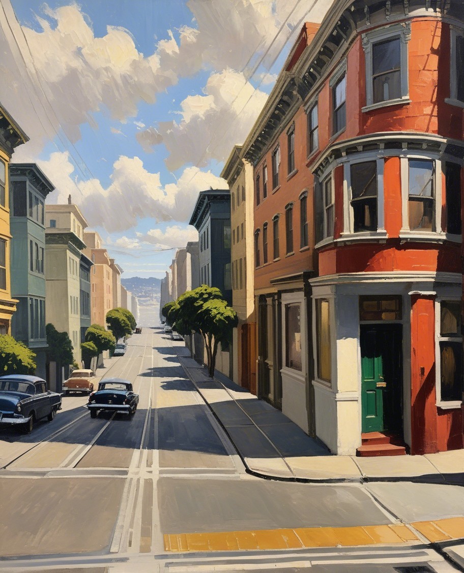 Vibrant City Scene with Colorful Buildings and Classic Cars